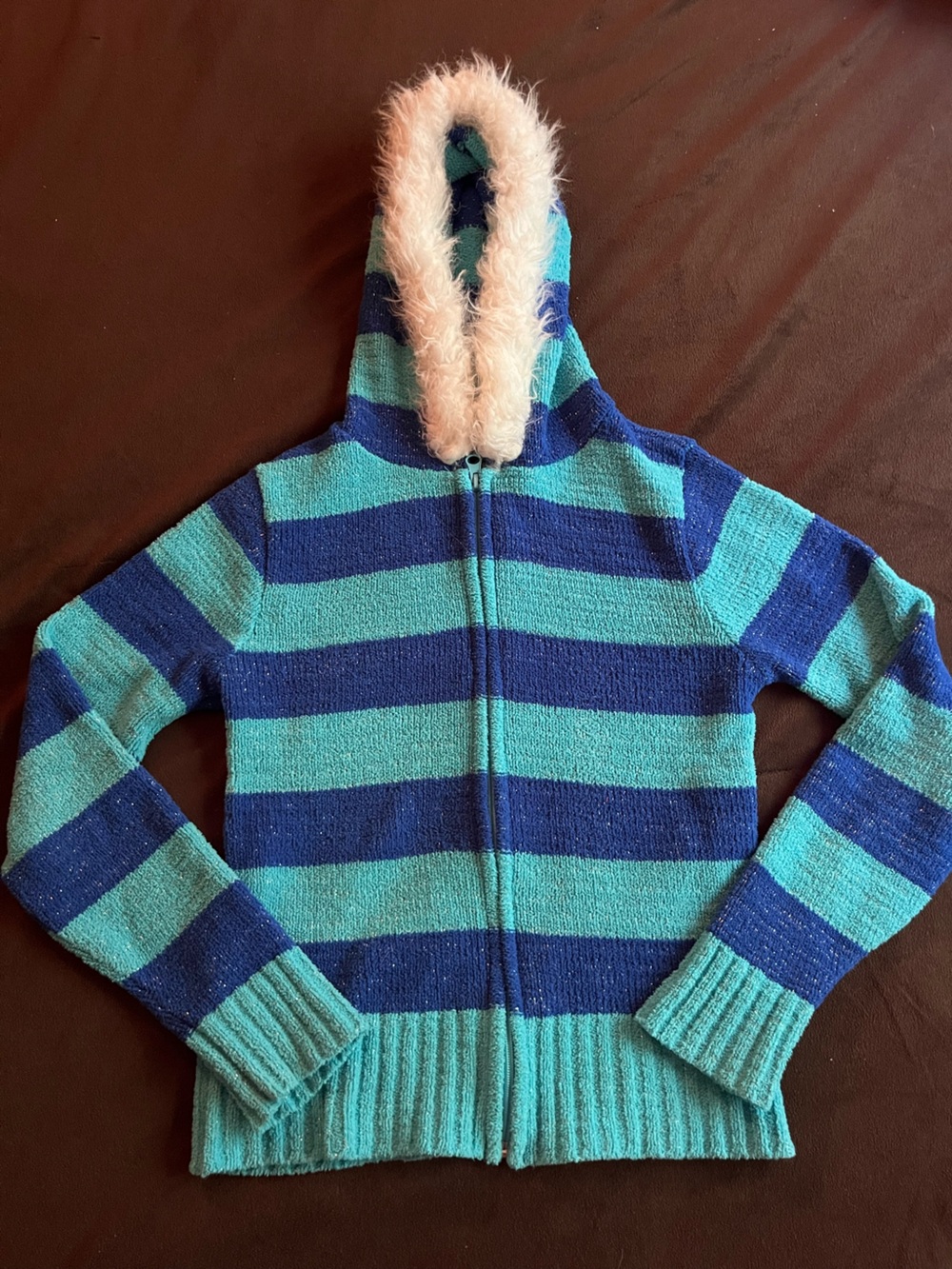 Basic Editions Girls Teal and Navy Striped Hooded Zip Jacket with Faux Fur Trim